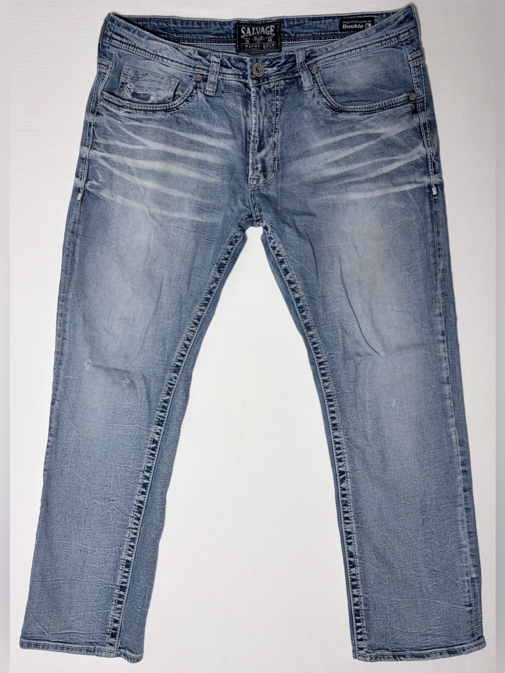 Salvage Slim Straight Faded Denim Jeans Men's 34S Decorative Stitching Nice
